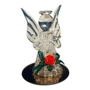 Spun Glass Angel Figurine with Red Rose – Mirrored Base – Made in China – Holida